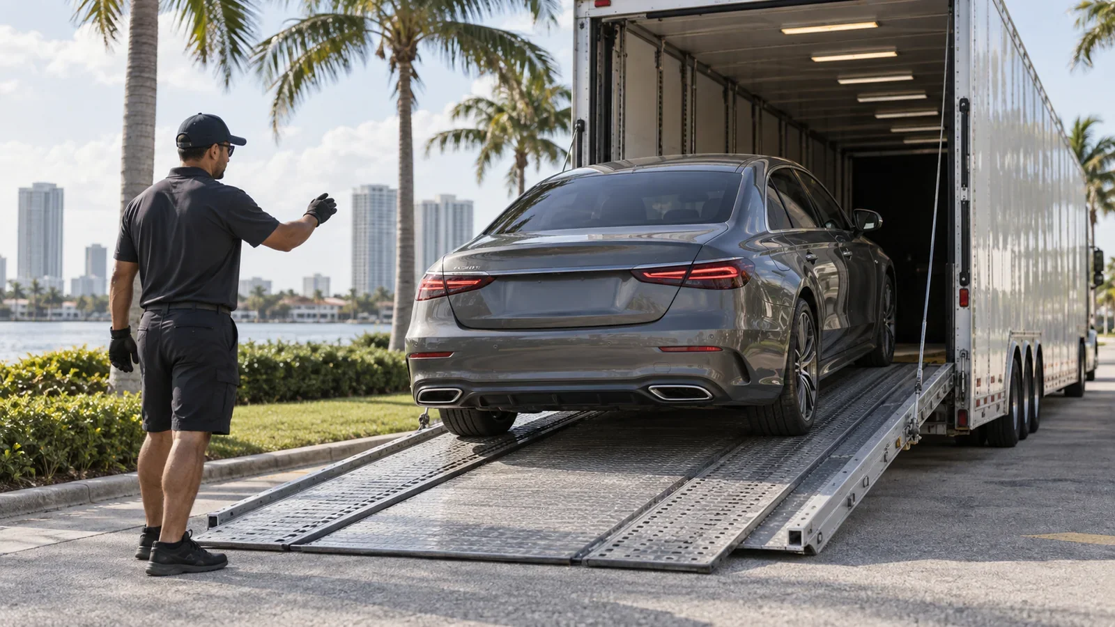 Premium vehicle being loaded into an enclosed car transporter