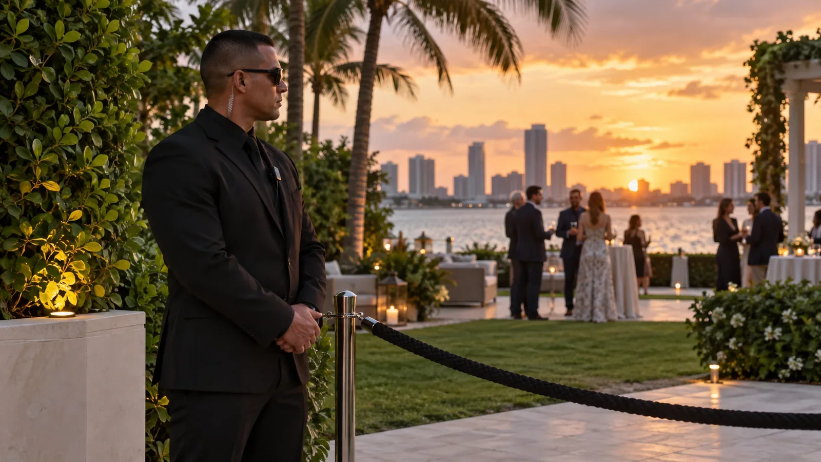 Security professional at a private event entrance in the evening