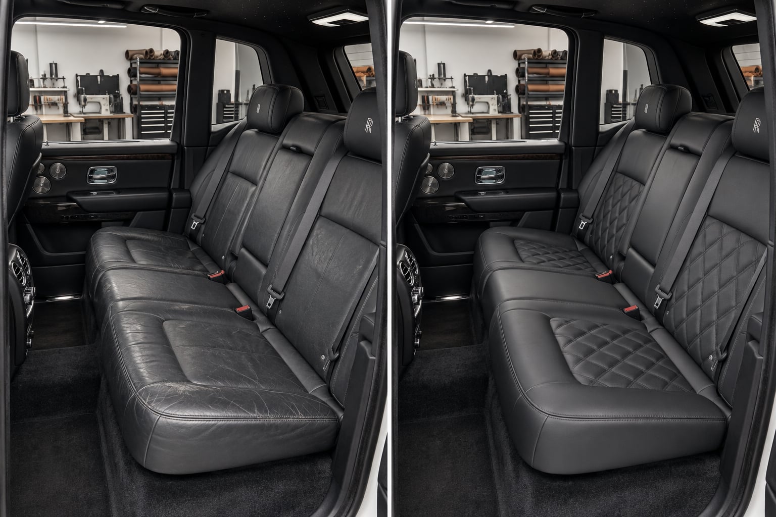 Rolls-Royce Cullinan · black diamond stitch. Plain black seating is explored with diamond-stitched centre panels. AI design visualisations · Illustrative examples, not completed client projects.