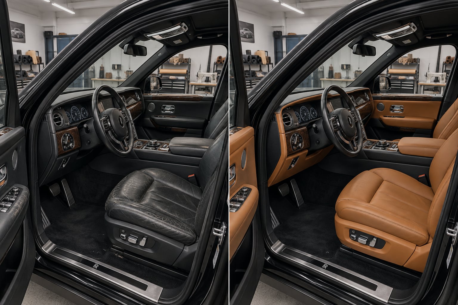 Rolls-Royce Cullinan · cognac leather. Black seats and door inserts are reimagined in warm cognac leather. AI design visualisations · Illustrative examples, not completed client projects.