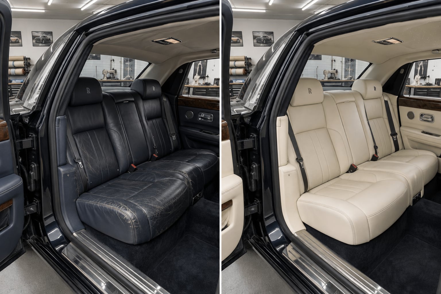 Rolls-Royce Ghost · clean ivory. A worn tan rear cabin becomes a calm ivory leather interior. AI design visualisations · Illustrative examples, not completed client projects.