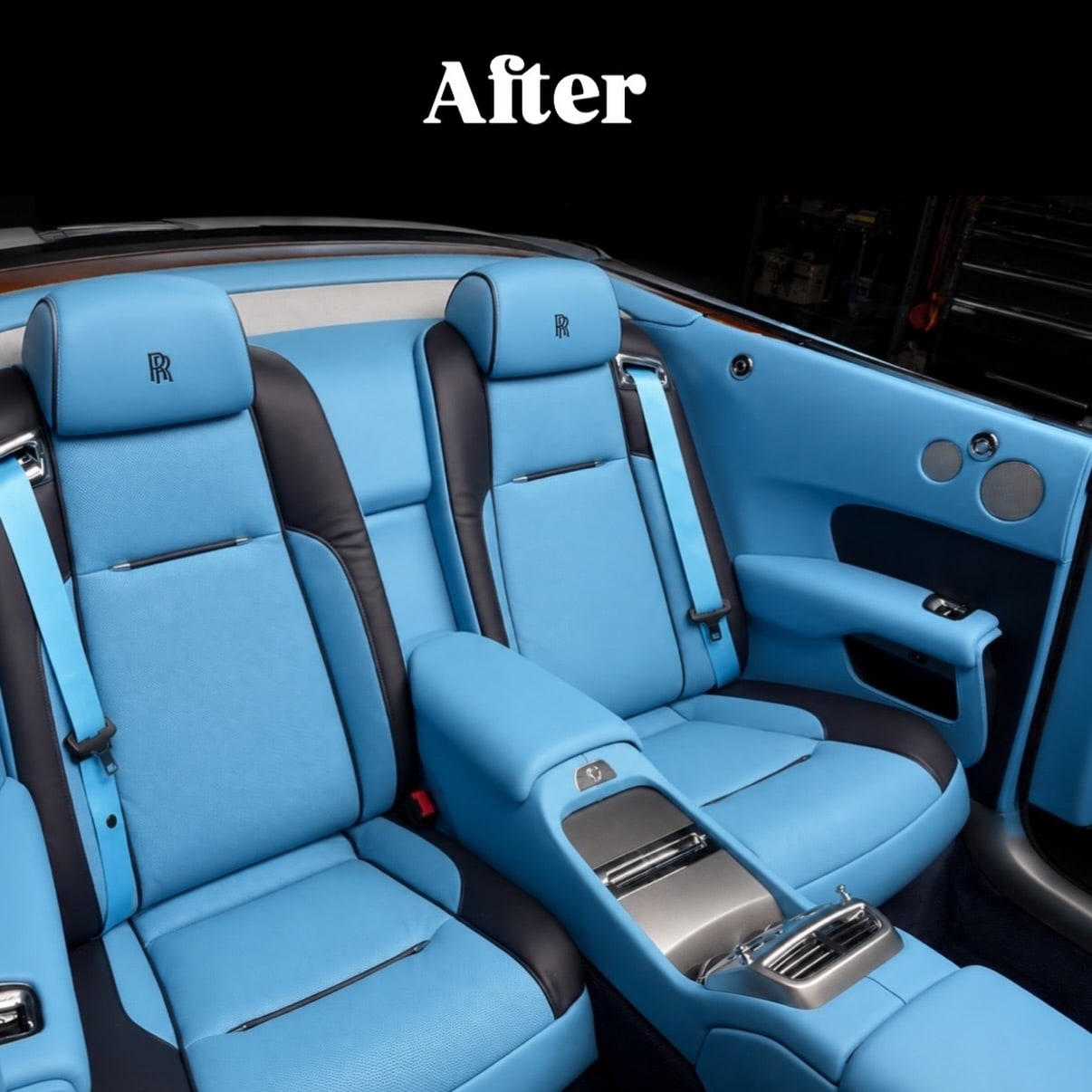 Completed Rolls-Royce Miami Blue leather rear seats and matching door upholstery by Motenza Auto Couture