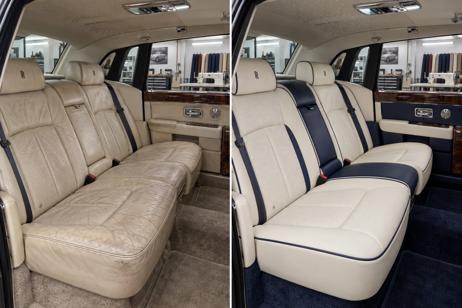 Rolls-Royce Phantom · ivory & navy. A rear lounge reimagined in pearl ivory leather with midnight-blue inserts, photographed as a workshop concept. AI design visualisations · Illustrative examples, not completed client projects.