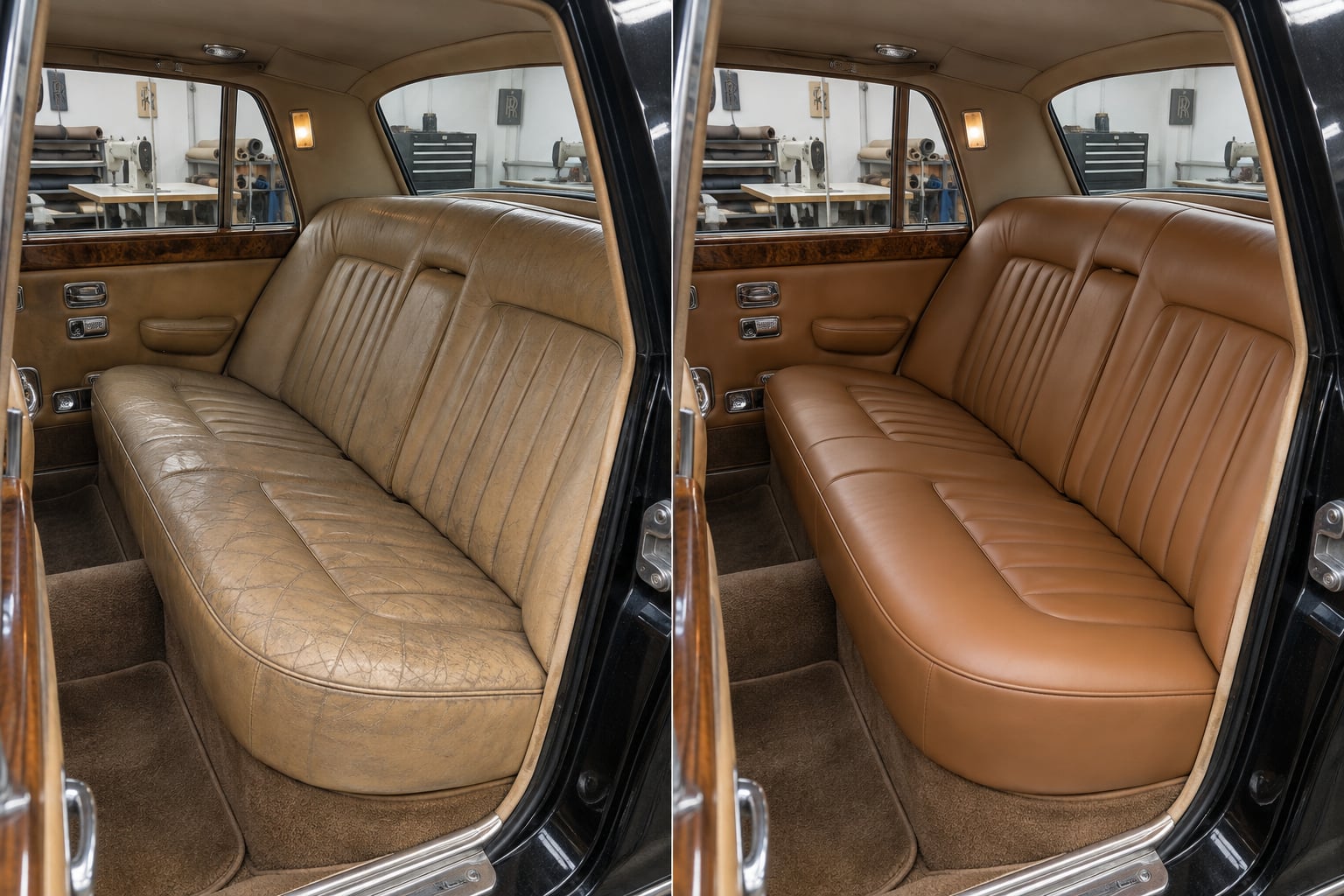Rolls-Royce Silver Shadow · saddle tan. A weathered classic bench is reimagined with saddle-tone upholstery. AI design visualisations · Illustrative examples, not completed client projects.