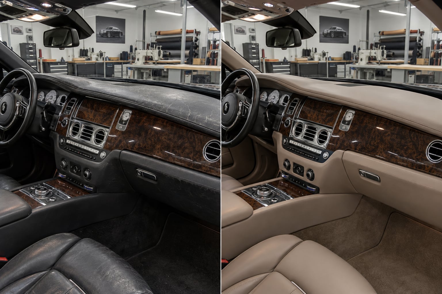 Rolls-Royce Wraith · stitched taupe. A faded dashboard top is considered in taupe leather with a precise seam. AI design visualisations · Illustrative examples, not completed client projects.