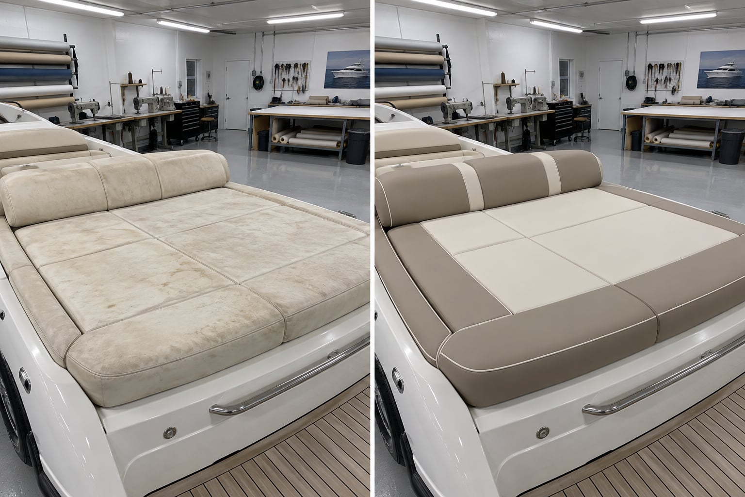 Aft daybed · white & champagne. An ageing aft cushion set becomes a white daybed with champagne edge details. AI design visualisations · Illustrative examples, not completed client projects.