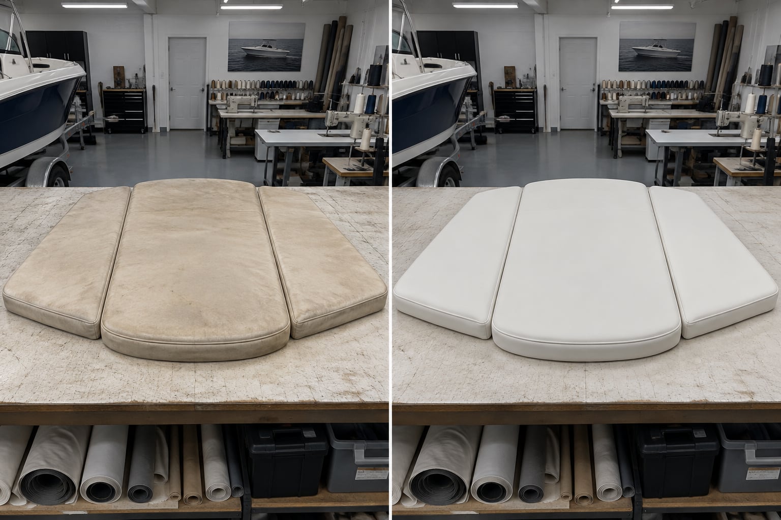 Bow sunpad · warm white. A tired bow cushion set is visualised with clean warm-white panels and precise seams. AI design visualisations · Illustrative examples, not completed client projects.