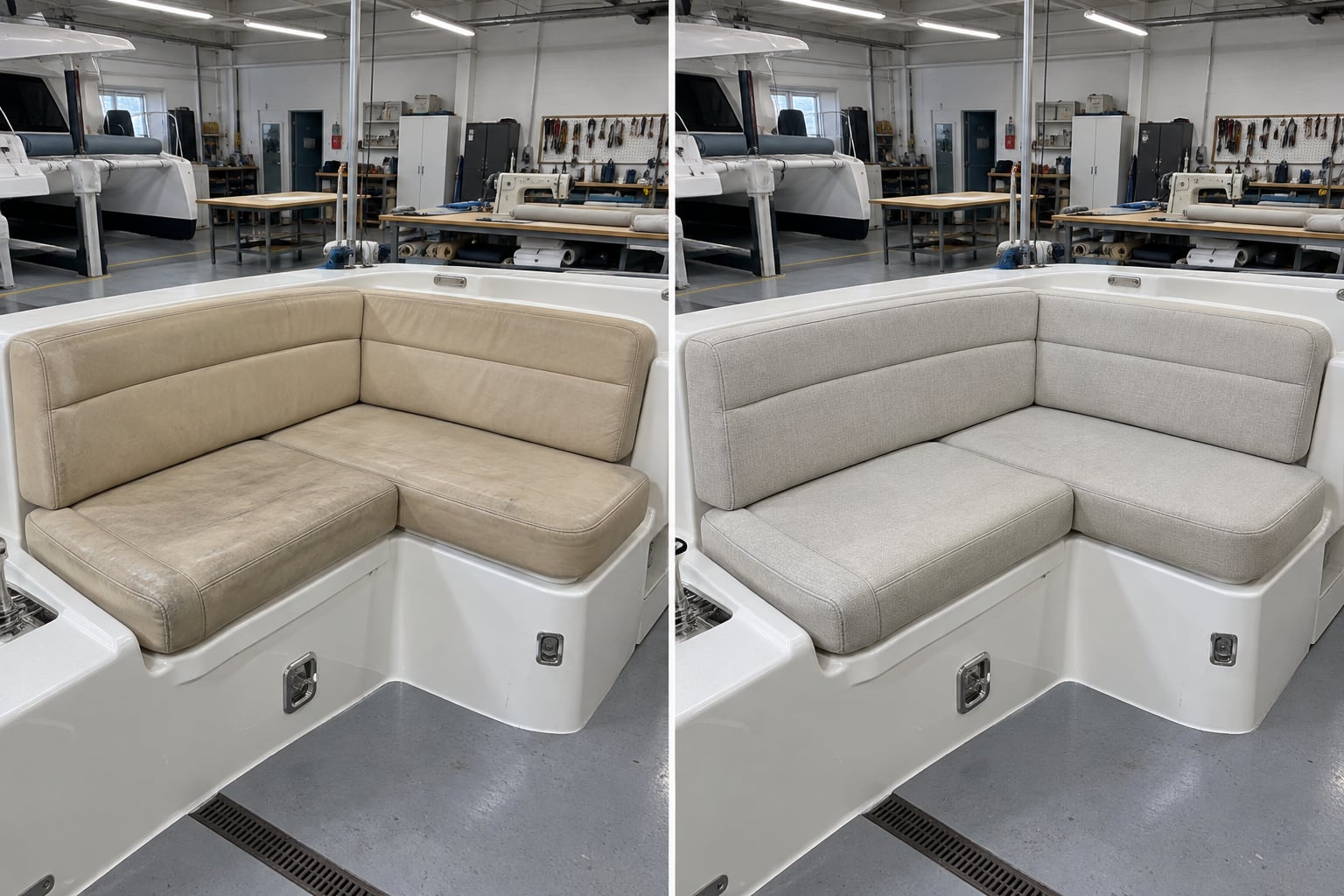 Catamaran lounge · coastal linen. A shaded cockpit lounge gains a lighter linen-tone upholstery direction. AI design visualisations · Illustrative examples, not completed client projects.