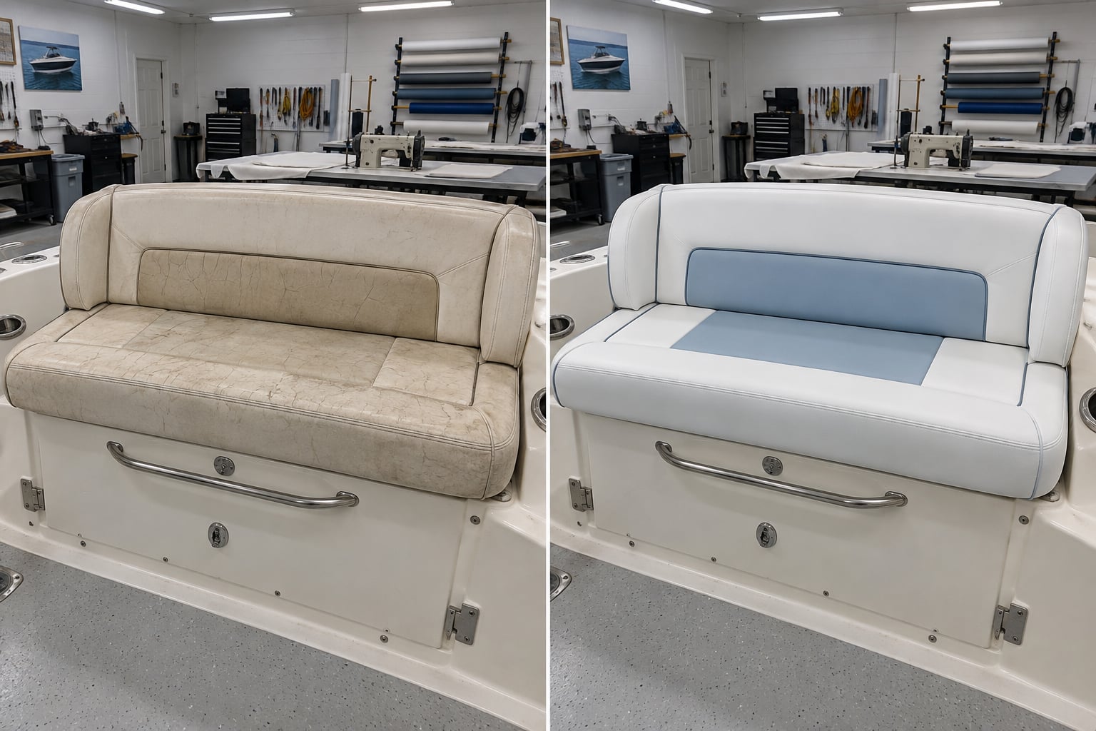 Dockside seating · white & blue. A faded cockpit bench takes on a fresh white-and-blue palette. AI design visualisations · Illustrative examples, not completed client projects.