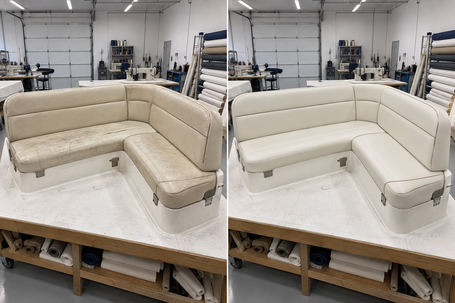 Yacht cockpit · ivory & sand. Weathered beige cushions reimagined in ivory marine upholstery with sand piping. AI design visualisations · Illustrative examples, not completed client projects.