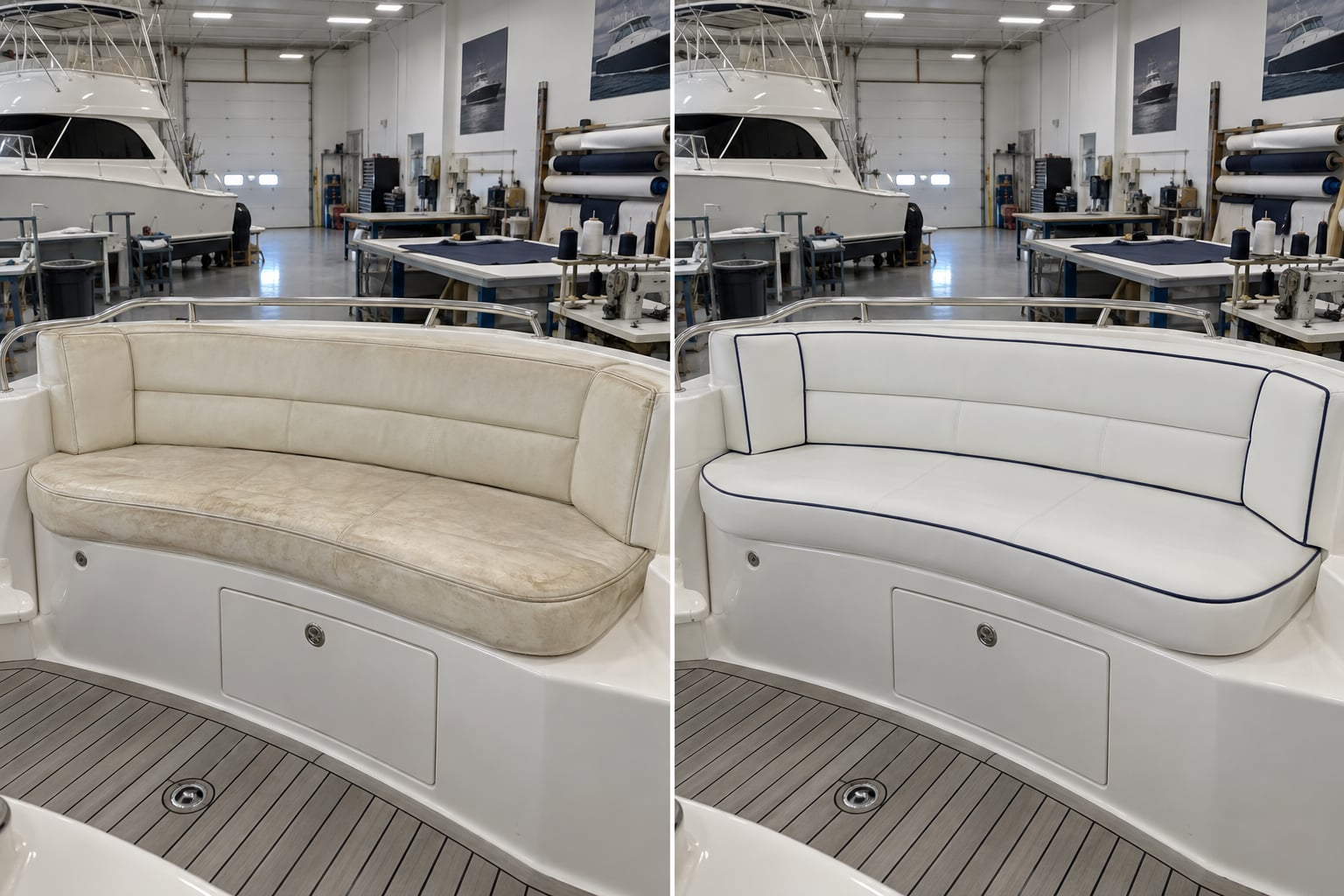 Flybridge · white & navy. A sun-worn flybridge lounge becomes a crisp white-and-navy seating scheme. AI design visualisations · Illustrative examples, not completed client projects.
