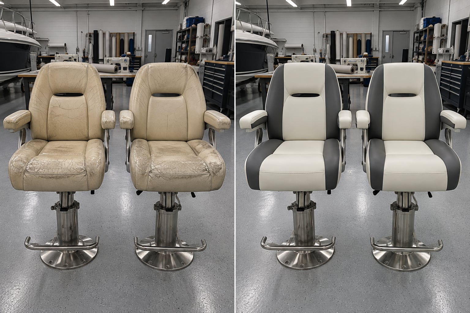 Helm seats · tailored contrast. Two worn helm chairs become coordinated ivory seats with graphite side panels. AI design visualisations · Illustrative examples, not completed client projects.