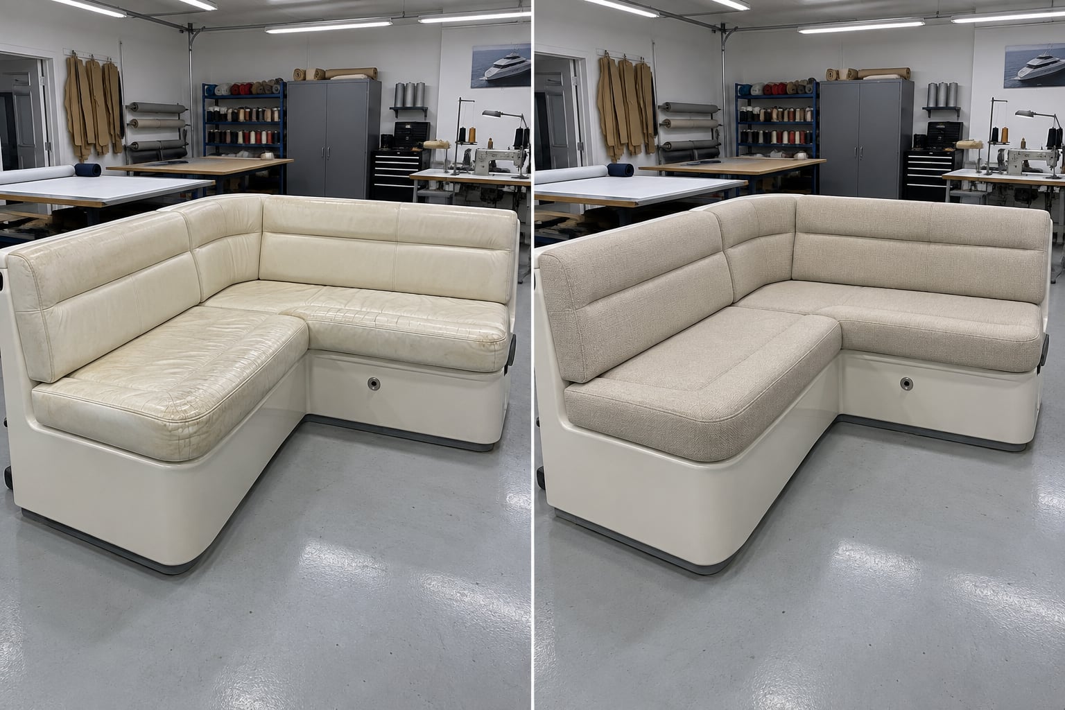 Yacht salon · soft sand. An older cream salon sofa is reconsidered in textured sand upholstery. AI design visualisations · Illustrative examples, not completed client projects.