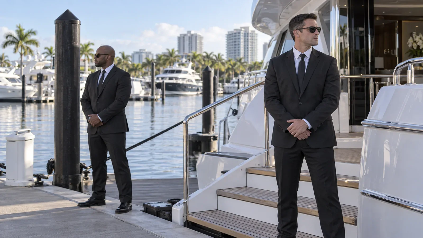 Two security professionals beside a yacht boarding point in a South Florida marina